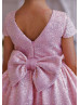Cap Sleeves Pink Sequin Tulle V Back Flower Girl Dress